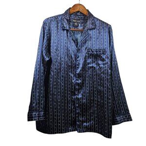 Robert Louis Silk Poly Pajama Shirt Mens L Navy Silver Stripe PJ Top Blue Piping